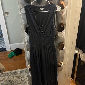 Max Studio Navy/White pinstriped Sleeveless V-Neck Smocked Waist Midi Dress